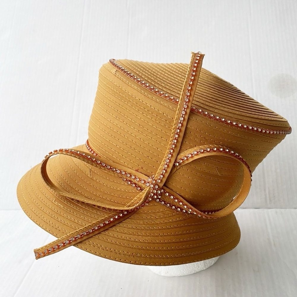 Women's Mustard Bow Straw Hat with Embellished Trim